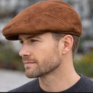 Scala Newsboy Flat Cap Brown Suede Adult XL Approx 24” Lined, Ear Flaps